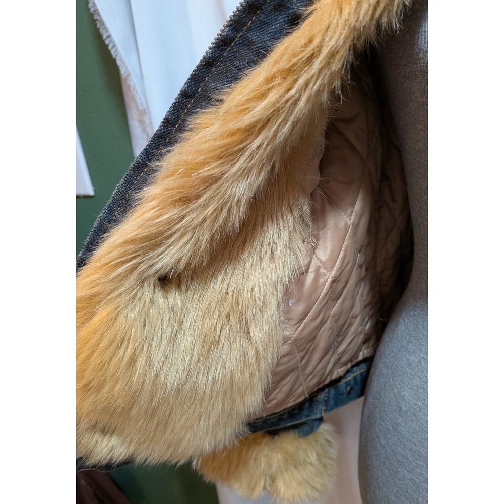 Boho Western Cowgirl Y2K Penny Lane Denim Faux Fur Lined M Trucker Zip Jacket - Picture 7 of 13